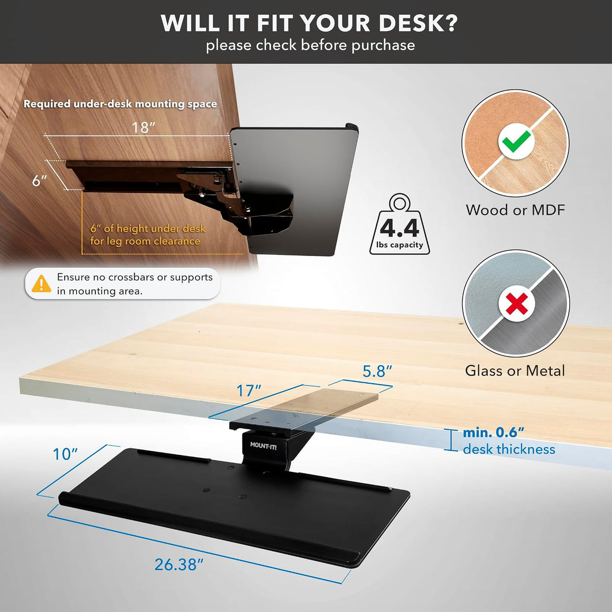 ! Under Desk Keyboard Tray, Adjustable Slide-Out Keyboard & Mouse Platform, 26.38" W × 10" D, Ergonomic Wrist Rest, Height Tilt & Swivel, Heavy-Duty Bolt-On Keyboard Drawer for Home Office
