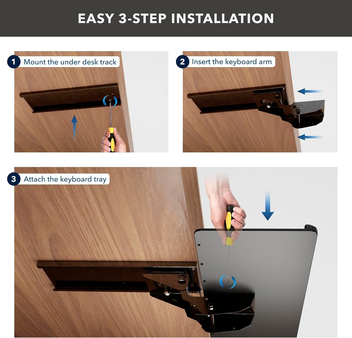 ! Under Desk Keyboard Tray, Adjustable Slide-Out Keyboard & Mouse Platform, 26.38" W × 10" D, Ergonomic Wrist Rest, Height Tilt & Swivel, Heavy-Duty Bolt-On Keyboard Drawer for Home Office