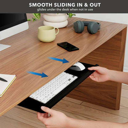 ! Under Desk Keyboard Tray, Adjustable Slide-Out Keyboard & Mouse Platform, 26.38" W × 10" D, Ergonomic Wrist Rest, Height Tilt & Swivel, Heavy-Duty Bolt-On Keyboard Drawer for Home Office