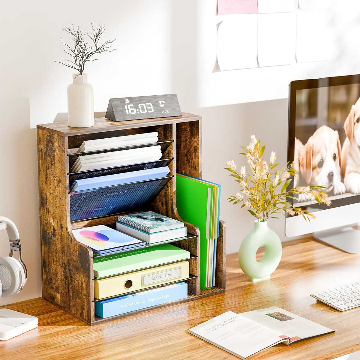 7- Tier Desk File Organizer, Paper Organizer, Rustic Brown