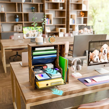 7- Tier Desk File Organizer, Paper Organizer, Rustic Brown