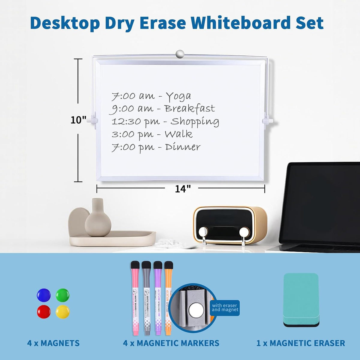 Portable Double-Sided Dry Erase Whiteboard with Stand - 14"x10" Magnetic Monthly & Weekly Planner, Small Desktop Whiteboard for Home, Office & School Use