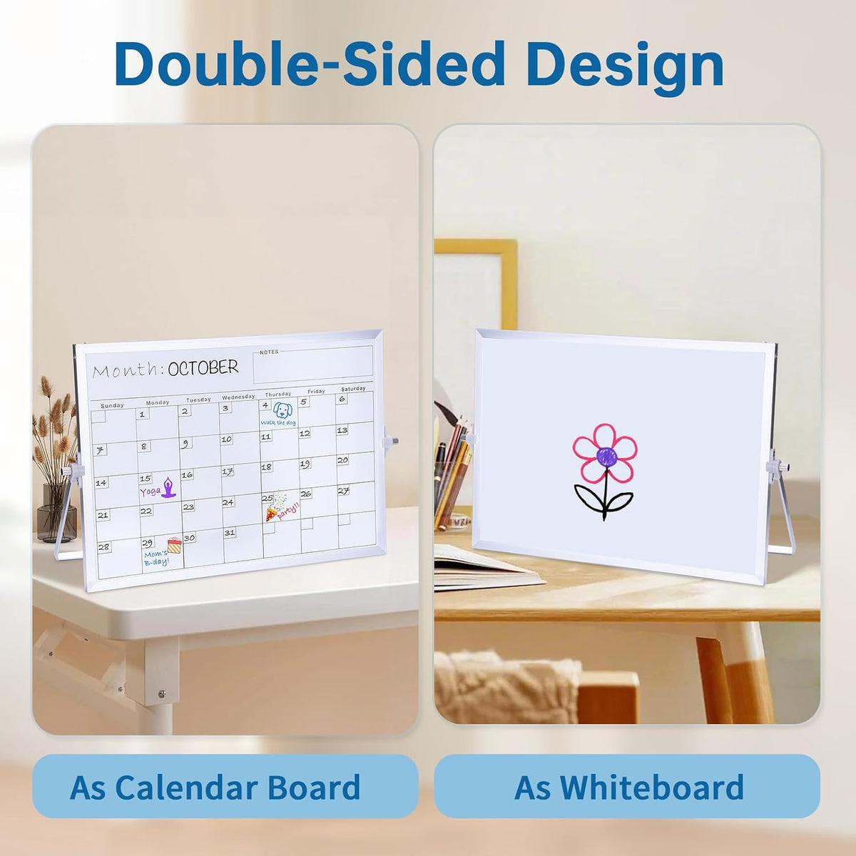 Portable Double-Sided Dry Erase Whiteboard with Stand - 14"x10" Magnetic Monthly & Weekly Planner, Small Desktop Whiteboard for Home, Office & School Use