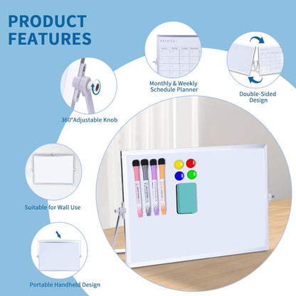 Portable Double-Sided Dry Erase Whiteboard with Stand - 14"x10" Magnetic Monthly & Weekly Planner, Small Desktop Whiteboard for Home, Office & School Use