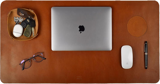 Real Leather Desk Pad Thick Double Layer Desk Mat Cognac.