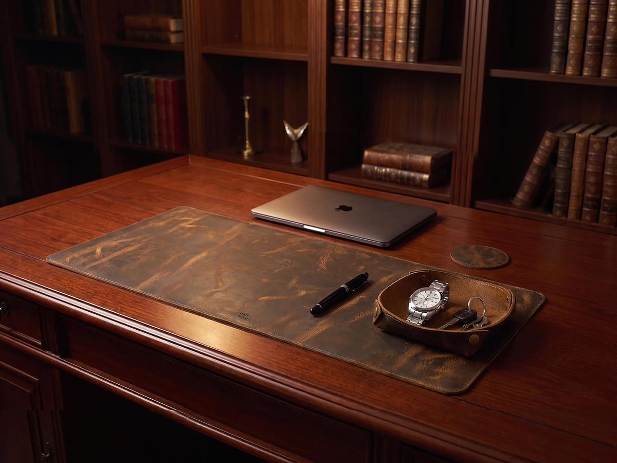 Real Leather Desk Pad Thick Double Layer Desk Mat Cognac.