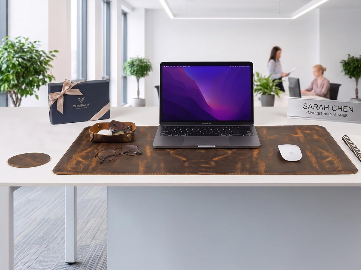 Real Leather Desk Pad Thick Double Layer Desk Mat Cognac.