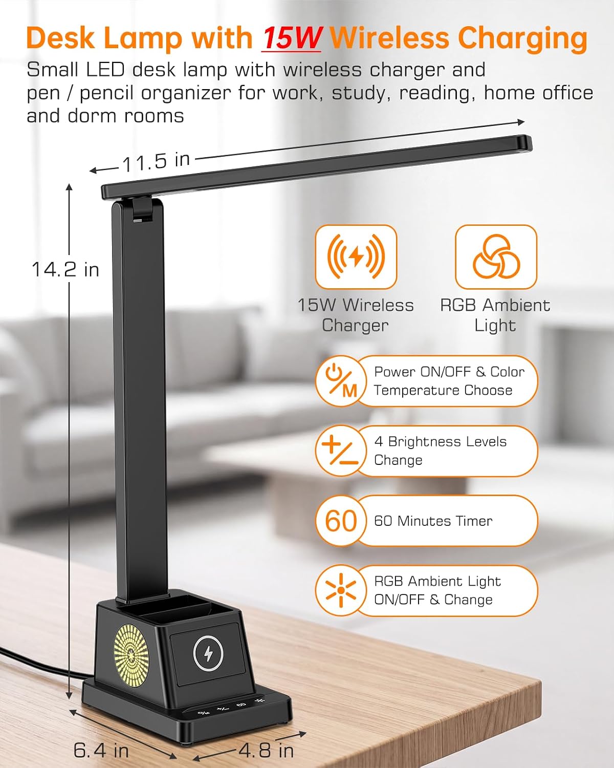 LED Desk Lamp for Home Office,15W Wireless Charger Pen Holder, Black