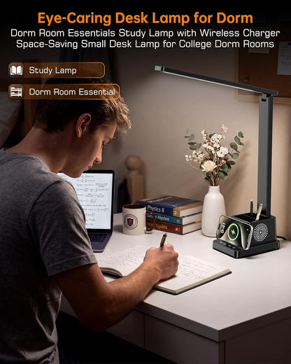 LED Desk Lamp for Home Office,15W Wireless Charger Pen Holder, Black