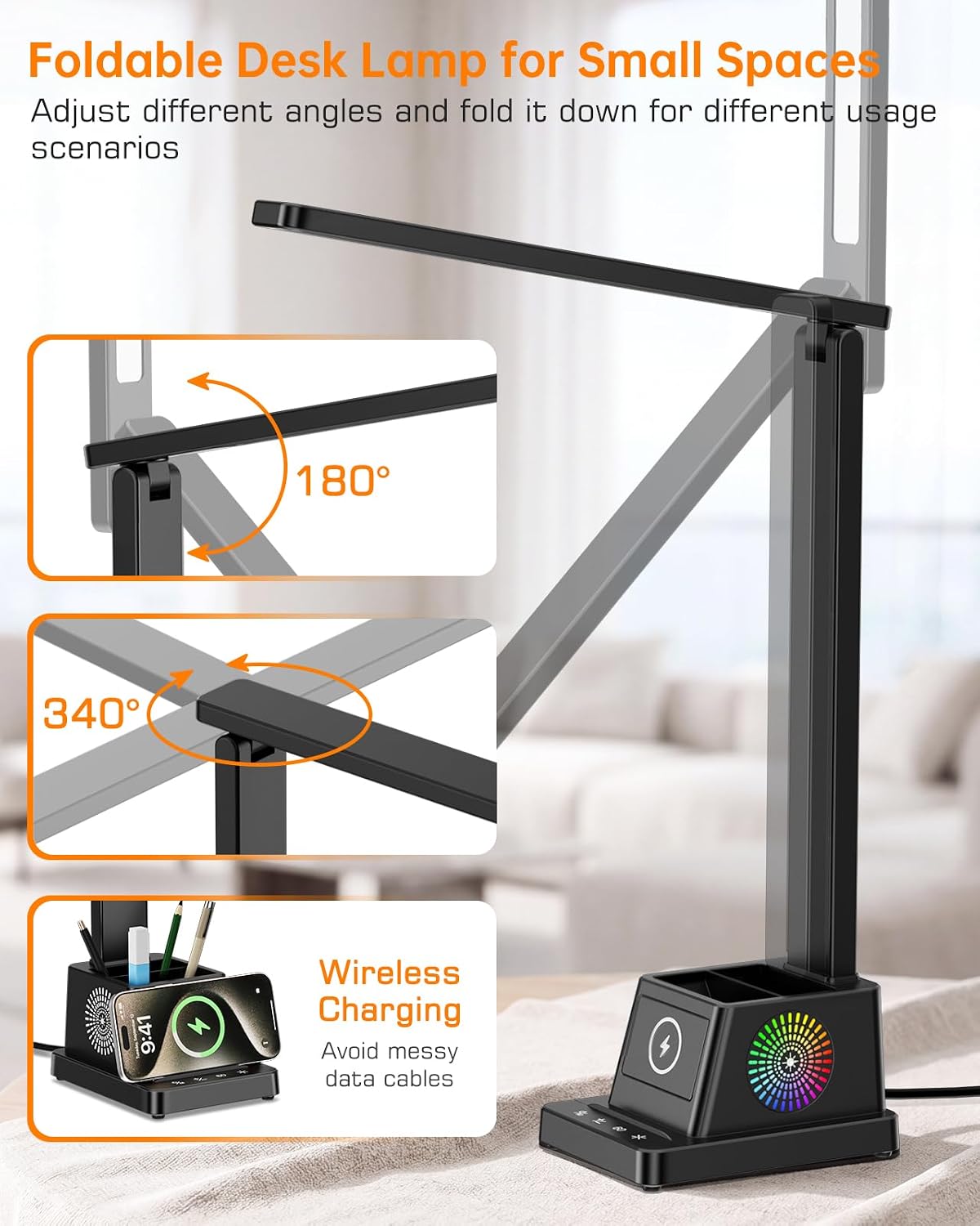 LED Desk Lamp for Home Office,15W Wireless Charger Pen Holder, Black