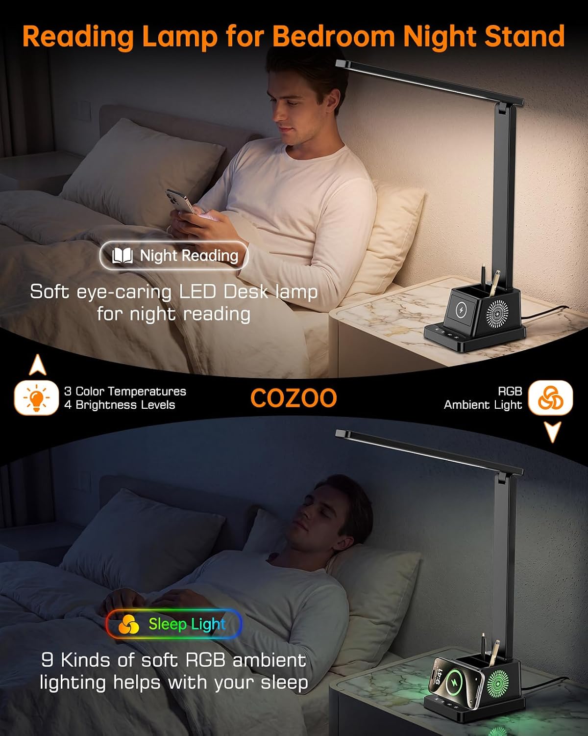 LED Desk Lamp for Home Office,15W Wireless Charger Pen Holder, Black