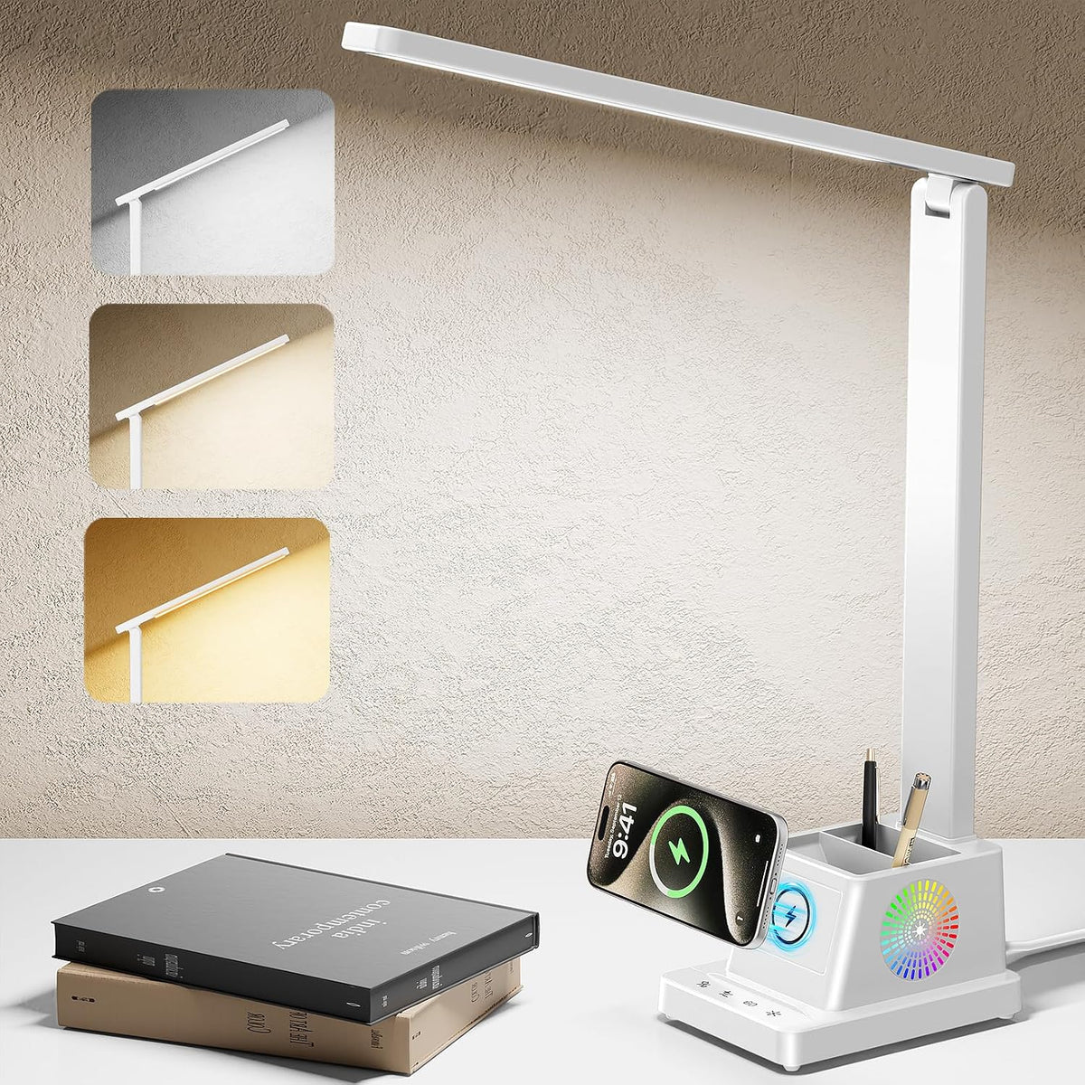 LED Desk Lamp for Home Office,15W Wireless Charger Pen Holder, Black