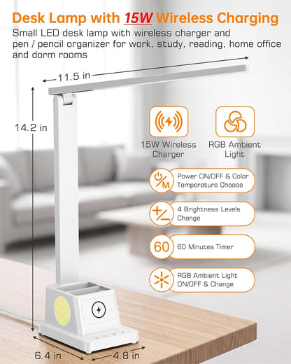 LED Desk Lamp for Home Office,15W Wireless Charger Pen Holder, Black