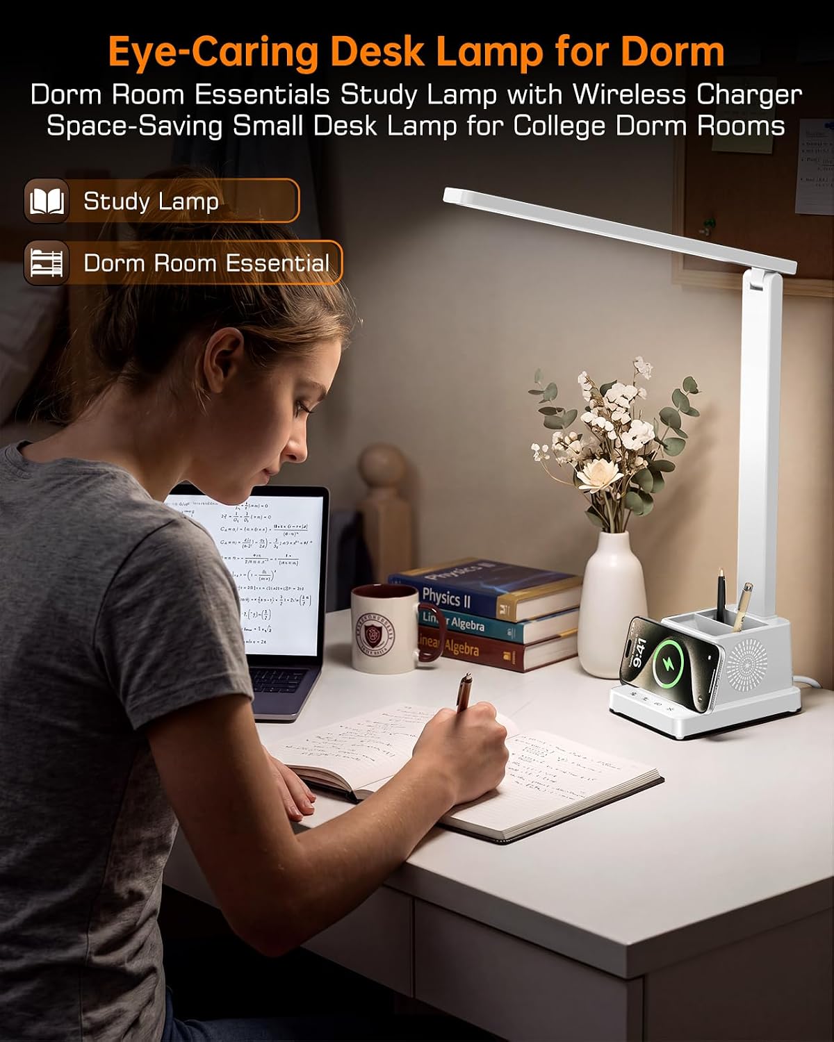 LED Desk Lamp for Home Office,15W Wireless Charger Pen Holder, Black