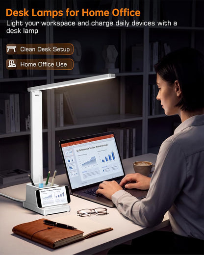 LED Desk Lamp for Home Office,15W Wireless Charger Pen Holder, Black