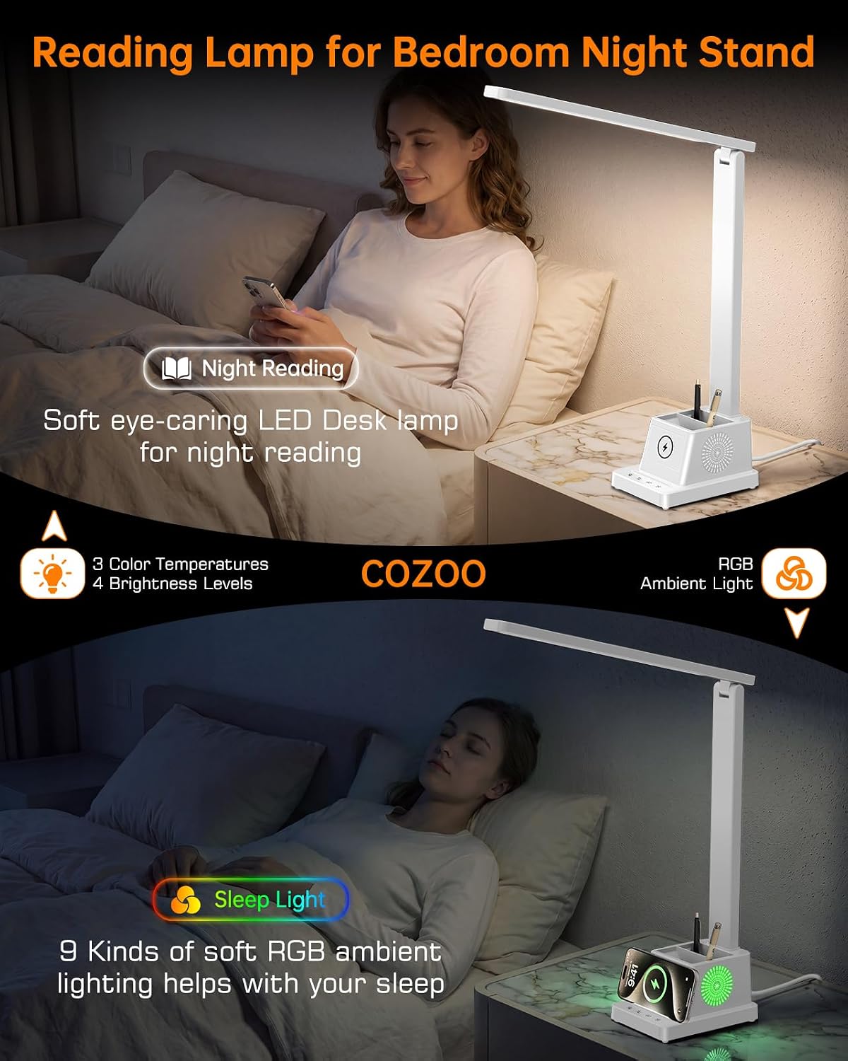 LED Desk Lamp for Home Office,15W Wireless Charger Pen Holder, Black