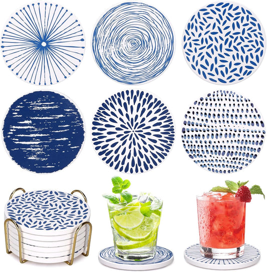 Absorbent Coasters Set of 6 Round Ceramic Coasters with Holder