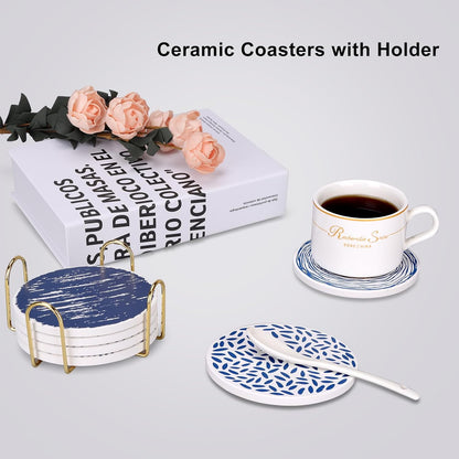 Absorbent Coasters Set of 6 Round Ceramic Coasters with Holder