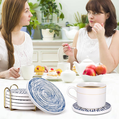 Absorbent Coasters Set of 6 Round Ceramic Coasters with Holder