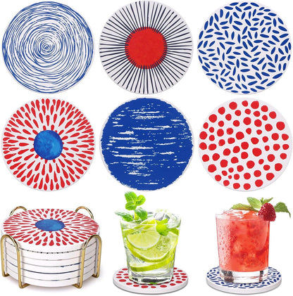 Absorbent Coasters Set of 6 Round Ceramic Coasters with Holder