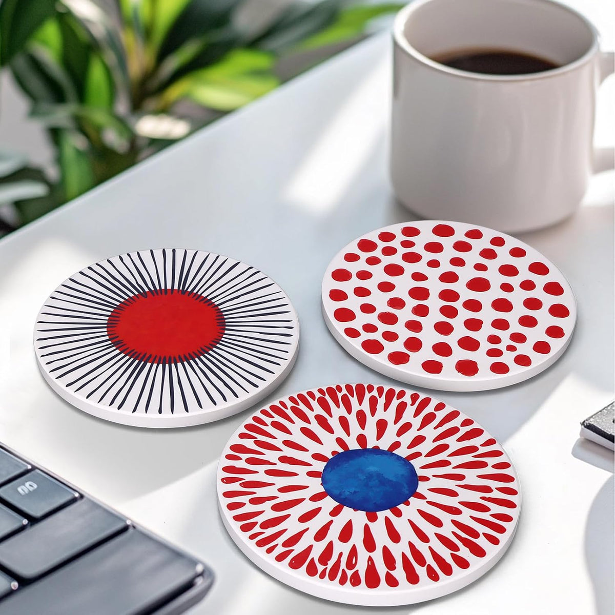 Absorbent Coasters Set of 6 Round Ceramic Coasters with Holder