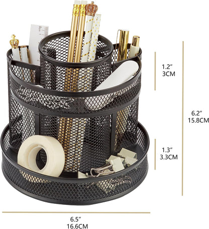 Annova Mesh Desk Organizer Rotate with 5 Compartments Round Spinning Tidy Candy/Pen Holder Desk Accessories Office, Art Supply, Storage, Classroom, Home (Black)