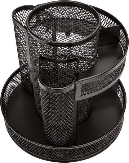 Annova Mesh Desk Organizer Rotate with 5 Compartments Round Spinning Tidy Candy/Pen Holder Desk Accessories Office, Art Supply, Storage, Classroom, Home (Black)