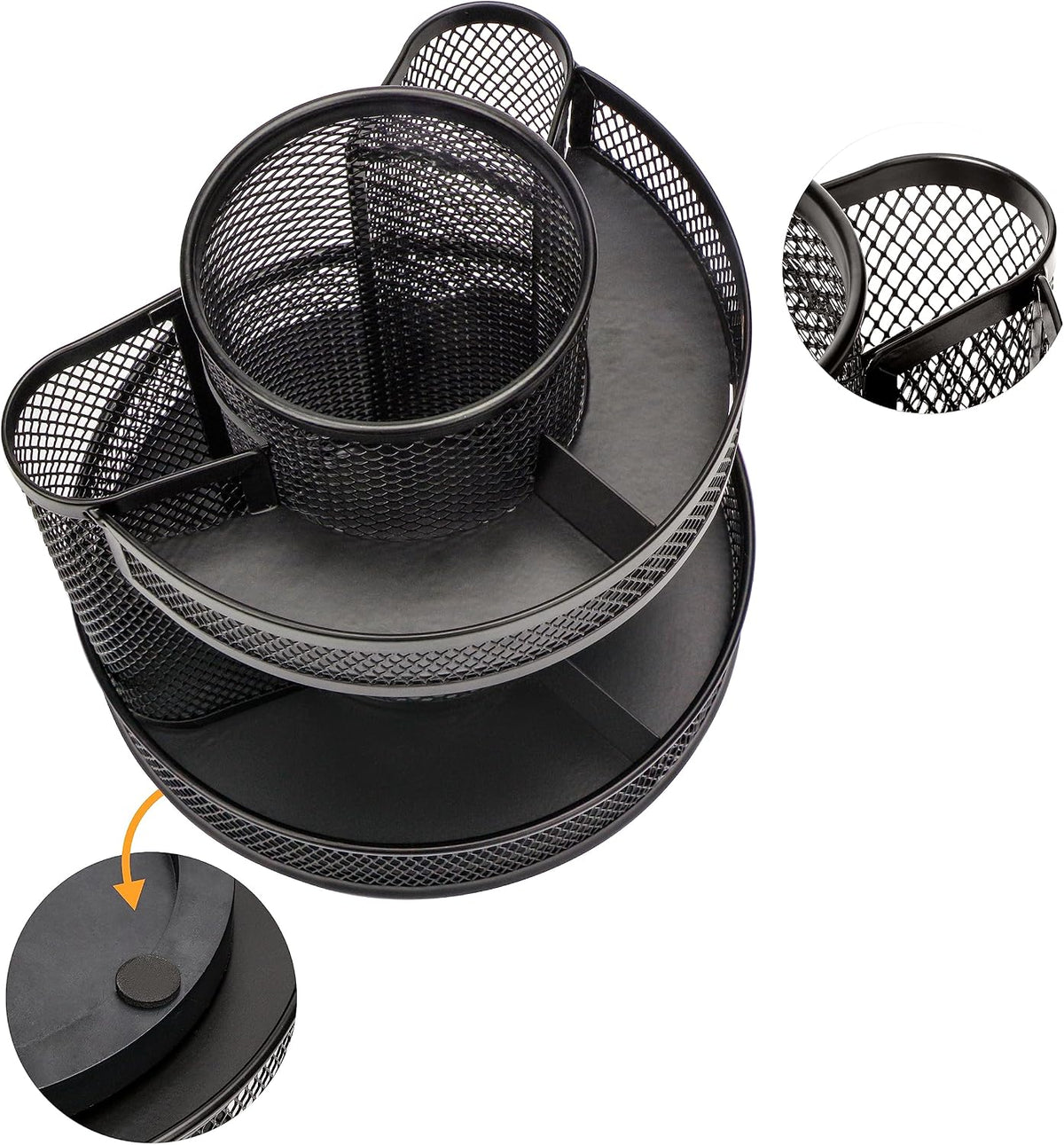 Annova Mesh Desk Organizer Rotate with 5 Compartments Round Spinning Tidy Candy/Pen Holder Desk Accessories Office, Art Supply, Storage, Classroom, Home (Black)