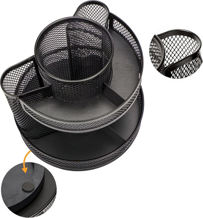 Annova Mesh Desk Organizer Rotate with 5 Compartments Round Spinning Tidy Candy/Pen Holder Desk Accessories Office, Art Supply, Storage, Classroom, Home (Black)