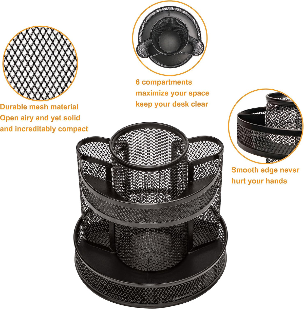 Annova Mesh Desk Organizer Rotate with 5 Compartments Round Spinning Tidy Candy/Pen Holder Desk Accessories Office, Art Supply, Storage, Classroom, Home (Black)