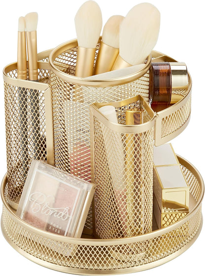 Annova Mesh Desk Organizer Rotate with 5 Compartments Round Spinning Tidy Candy/Pen Holder Desk Accessories Office, Art Supply, Storage, Classroom, Home (Black)