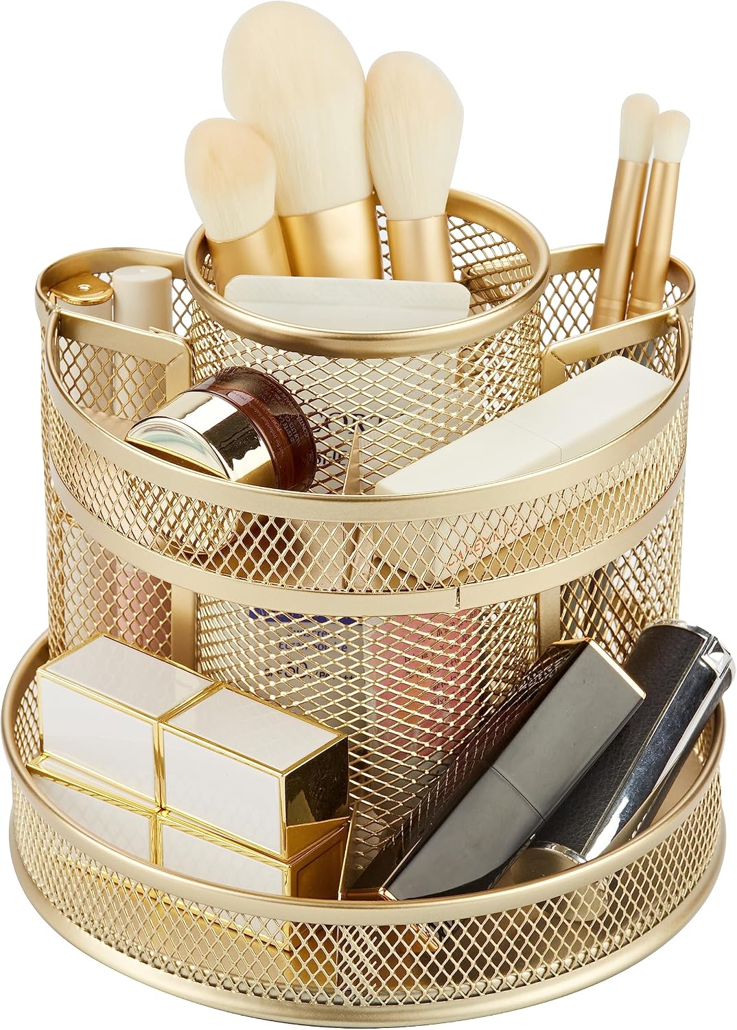 Annova Mesh Desk Organizer Rotate with 5 Compartments Round Spinning Tidy Candy/Pen Holder Desk Accessories Office, Art Supply, Storage, Classroom, Home (Black)