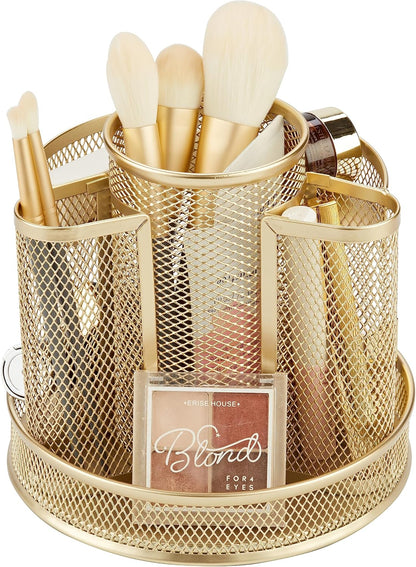 Annova Mesh Desk Organizer Rotate with 5 Compartments Round Spinning Tidy Candy/Pen Holder Desk Accessories Office, Art Supply, Storage, Classroom, Home (Black)