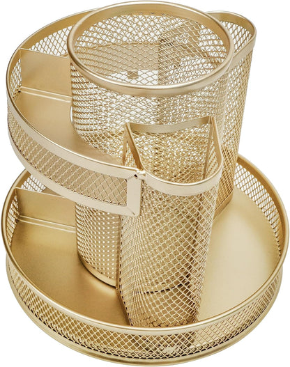 Annova Mesh Desk Organizer Rotate with 5 Compartments Round Spinning Tidy Candy/Pen Holder Desk Accessories Office, Art Supply, Storage, Classroom, Home (Black)