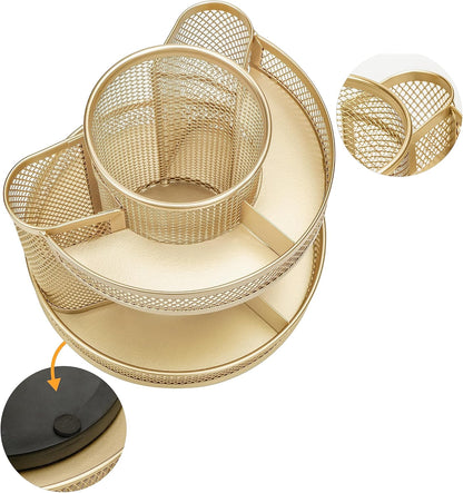 Annova Mesh Desk Organizer Rotate with 5 Compartments Round Spinning Tidy Candy/Pen Holder Desk Accessories Office, Art Supply, Storage, Classroom, Home (Black)