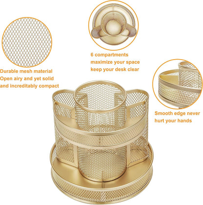 Annova Mesh Desk Organizer Rotate with 5 Compartments Round Spinning Tidy Candy/Pen Holder Desk Accessories Office, Art Supply, Storage, Classroom, Home (Black)