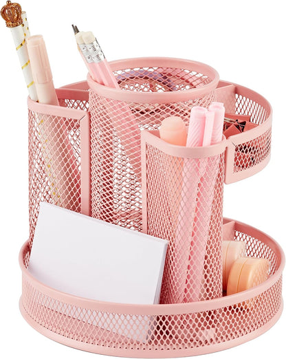 Annova Mesh Desk Organizer Rotate with 5 Compartments Round Spinning Tidy Candy/Pen Holder Desk Accessories Office, Art Supply, Storage, Classroom, Home (Black)