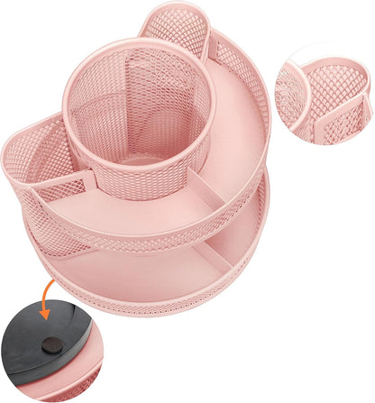 Annova Mesh Desk Organizer Rotate with 5 Compartments Round Spinning Tidy Candy/Pen Holder Desk Accessories Office, Art Supply, Storage, Classroom, Home (Black)