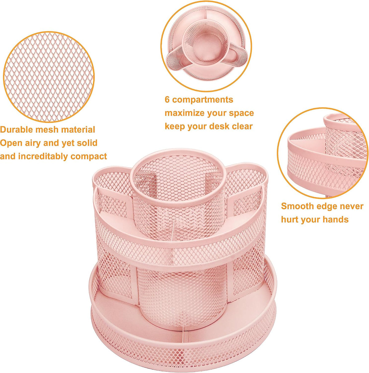 Annova Mesh Desk Organizer Rotate with 5 Compartments Round Spinning Tidy Candy/Pen Holder Desk Accessories Office, Art Supply, Storage, Classroom, Home (Black)