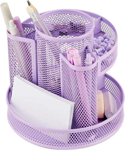 Annova Mesh Desk Organizer Rotate with 5 Compartments Round Spinning Tidy Candy/Pen Holder Desk Accessories Office, Art Supply, Storage, Classroom, Home (Black)