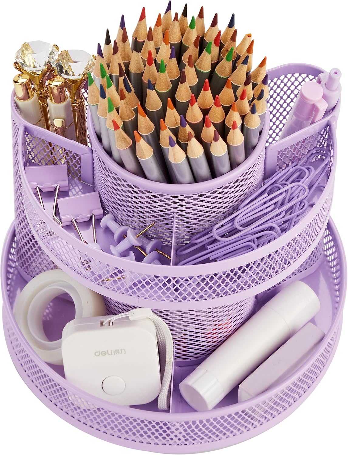 Annova Mesh Desk Organizer Rotate with 5 Compartments Round Spinning Tidy Candy/Pen Holder Desk Accessories Office, Art Supply, Storage, Classroom, Home (Black)