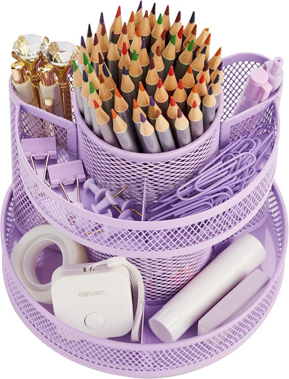 Annova Mesh Desk Organizer Rotate with 5 Compartments Round Spinning Tidy Candy/Pen Holder Desk Accessories Office, Art Supply, Storage, Classroom, Home (Black)