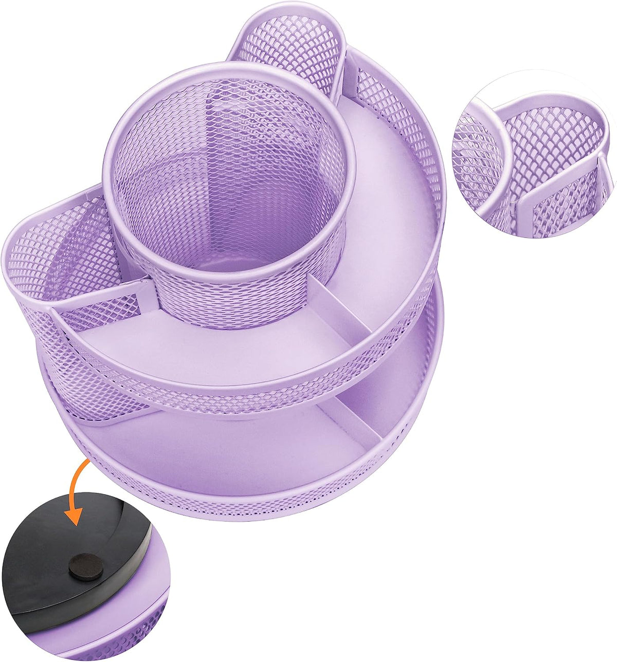 Annova Mesh Desk Organizer Rotate with 5 Compartments Round Spinning Tidy Candy/Pen Holder Desk Accessories Office, Art Supply, Storage, Classroom, Home (Black)