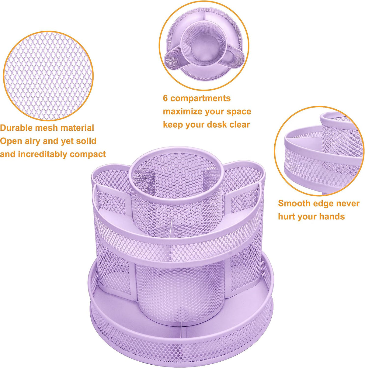 Annova Mesh Desk Organizer Rotate with 5 Compartments Round Spinning Tidy Candy/Pen Holder Desk Accessories Office, Art Supply, Storage, Classroom, Home (Black)