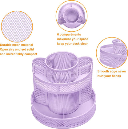 Annova Mesh Desk Organizer Rotate with 5 Compartments Round Spinning Tidy Candy/Pen Holder Desk Accessories Office, Art Supply, Storage, Classroom, Home (Black)
