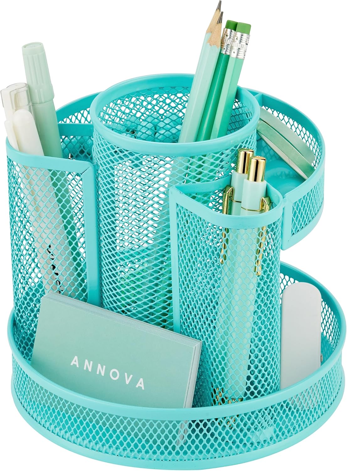 Annova Mesh Desk Organizer Rotate with 5 Compartments Round Spinning Tidy Candy/Pen Holder Desk Accessories Office, Art Supply, Storage, Classroom, Home (Black)