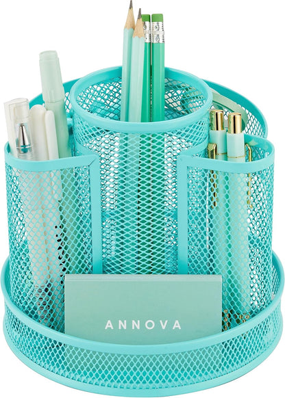 Annova Mesh Desk Organizer Rotate with 5 Compartments Round Spinning Tidy Candy/Pen Holder Desk Accessories Office, Art Supply, Storage, Classroom, Home (Black)