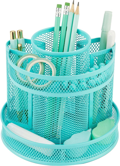 Annova Mesh Desk Organizer Rotate with 5 Compartments Round Spinning Tidy Candy/Pen Holder Desk Accessories Office, Art Supply, Storage, Classroom, Home (Black)