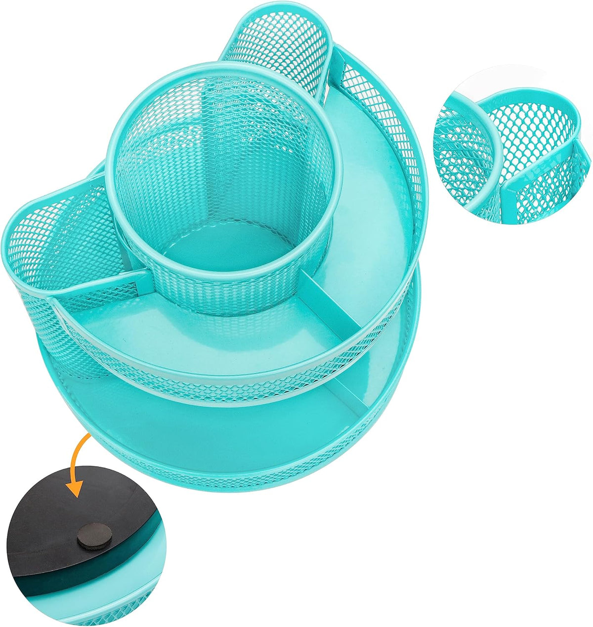 Annova Mesh Desk Organizer Rotate with 5 Compartments Round Spinning Tidy Candy/Pen Holder Desk Accessories Office, Art Supply, Storage, Classroom, Home (Black)