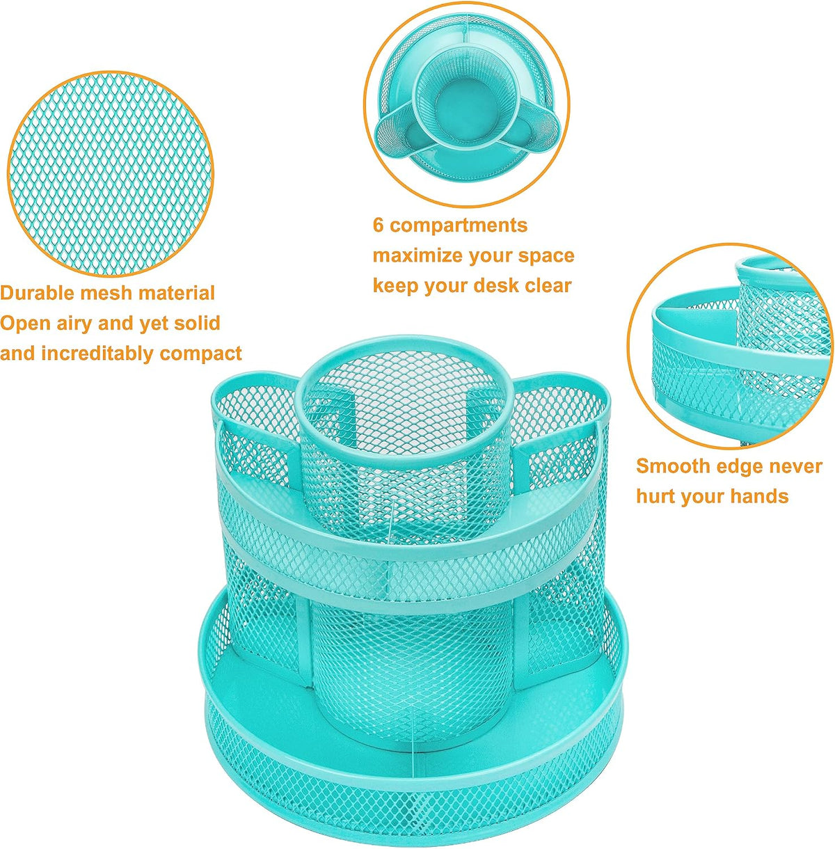 Annova Mesh Desk Organizer Rotate with 5 Compartments Round Spinning Tidy Candy/Pen Holder Desk Accessories Office, Art Supply, Storage, Classroom, Home (Black)
